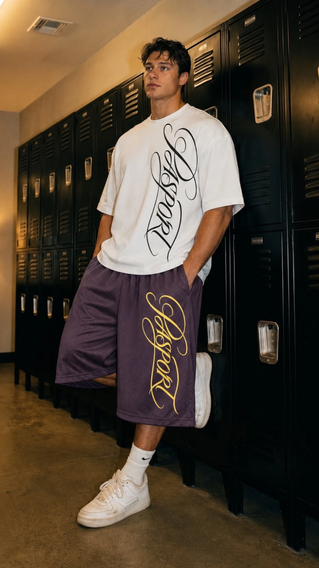 White graphic tee and purple mesh shorts
