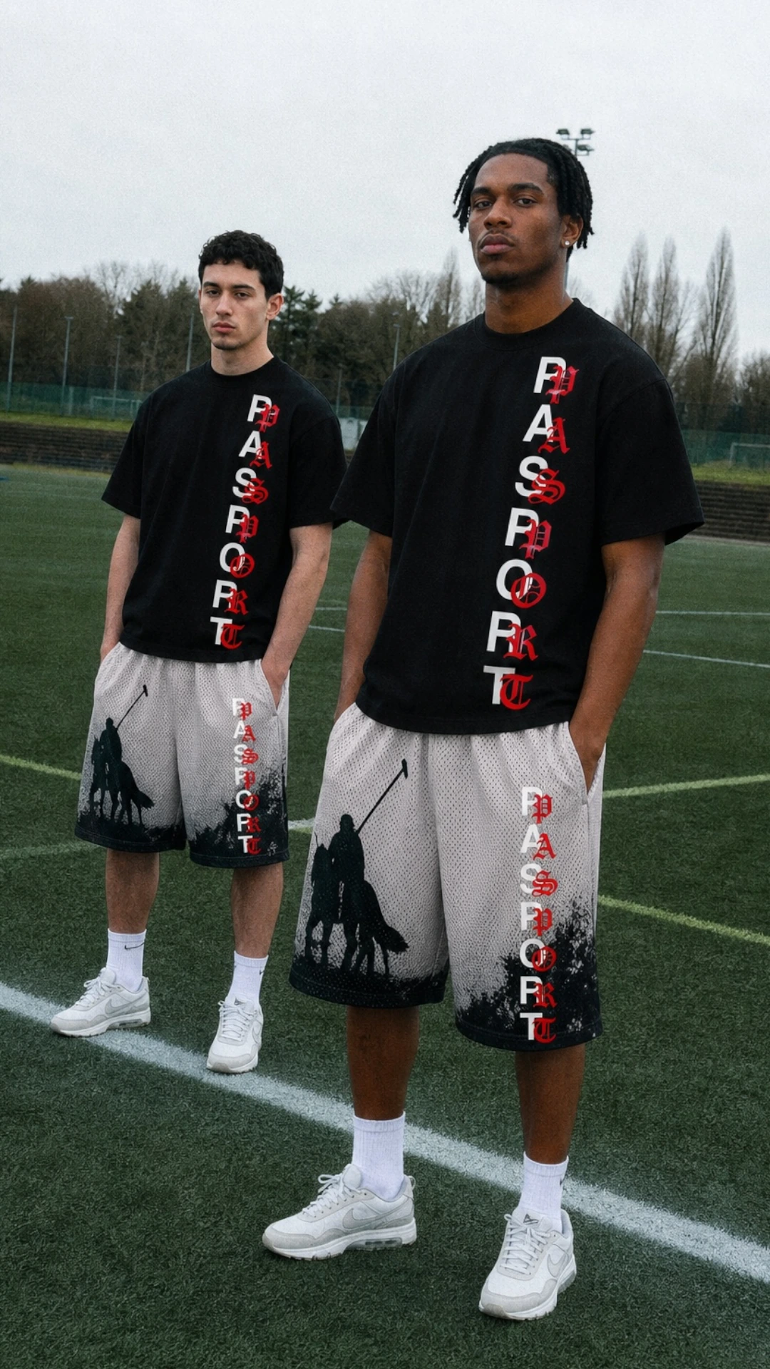 Black tees and illustrated mesh shorts on a football pitch