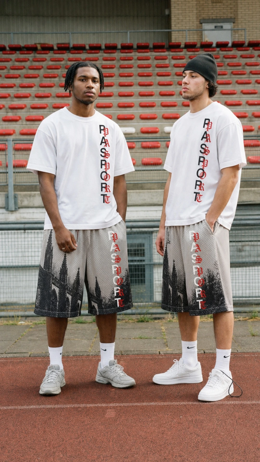 White tees and printed mesh shorts at a stadium