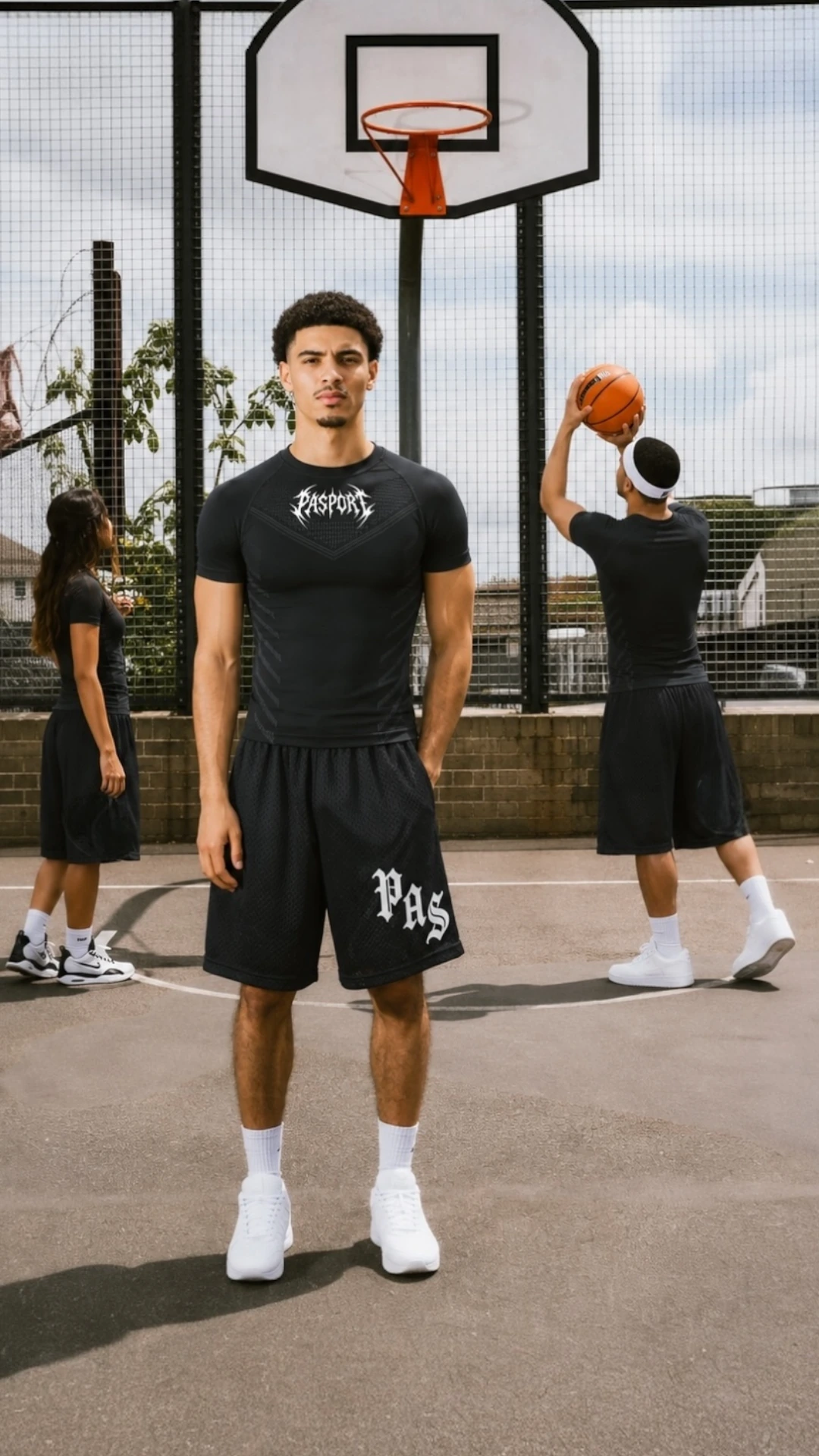 Black compression top and basketball shorts