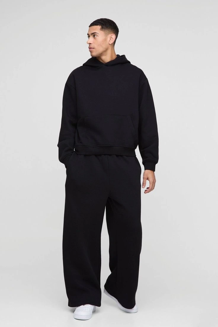 Black hoodie and wide-leg sweatpants